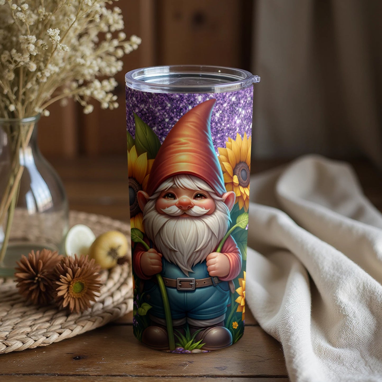 Cute Gnome and Sunflower Themed Tumbler Cup