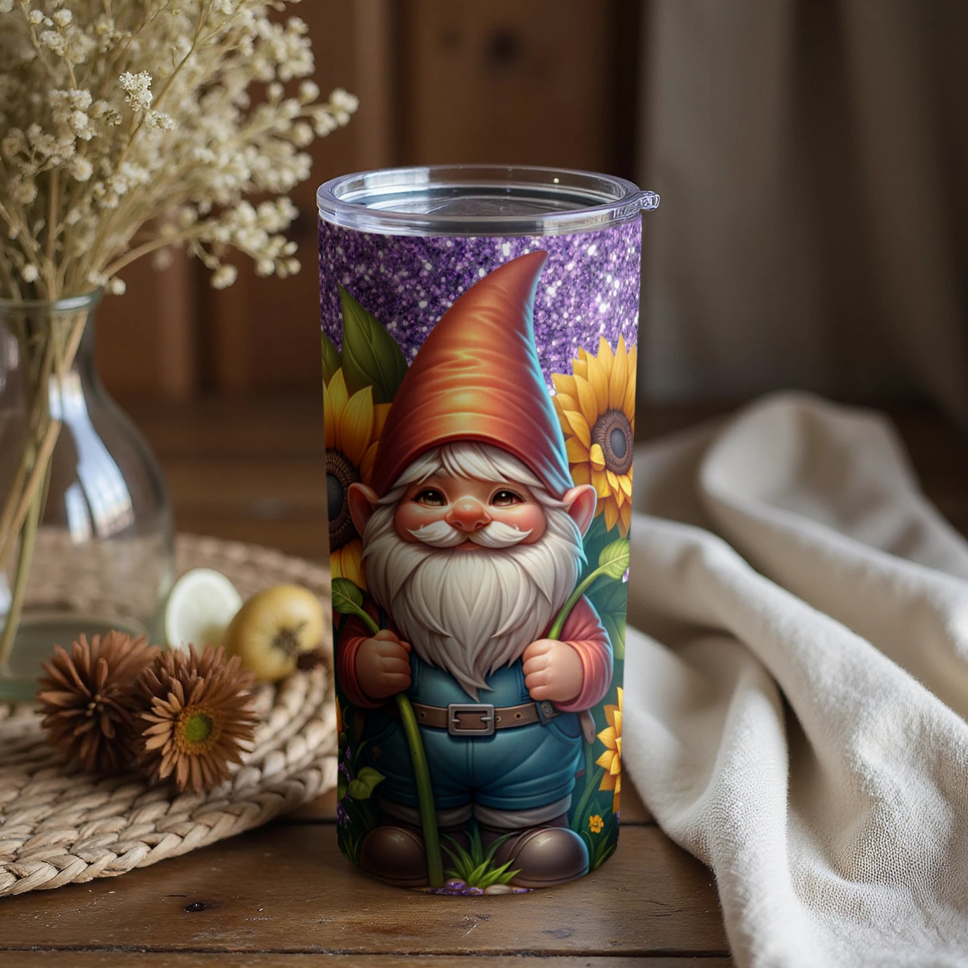 Cute Gnome and Sunflower Themed Tumbler Cup