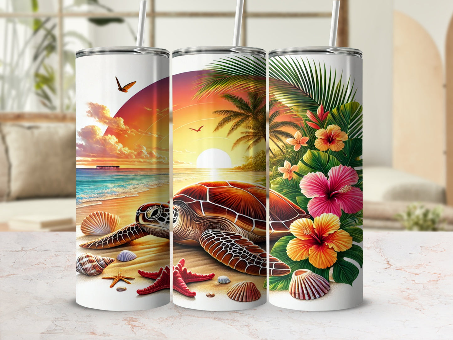Colorful Beach Turtle and Floral Double Wall Tumbler