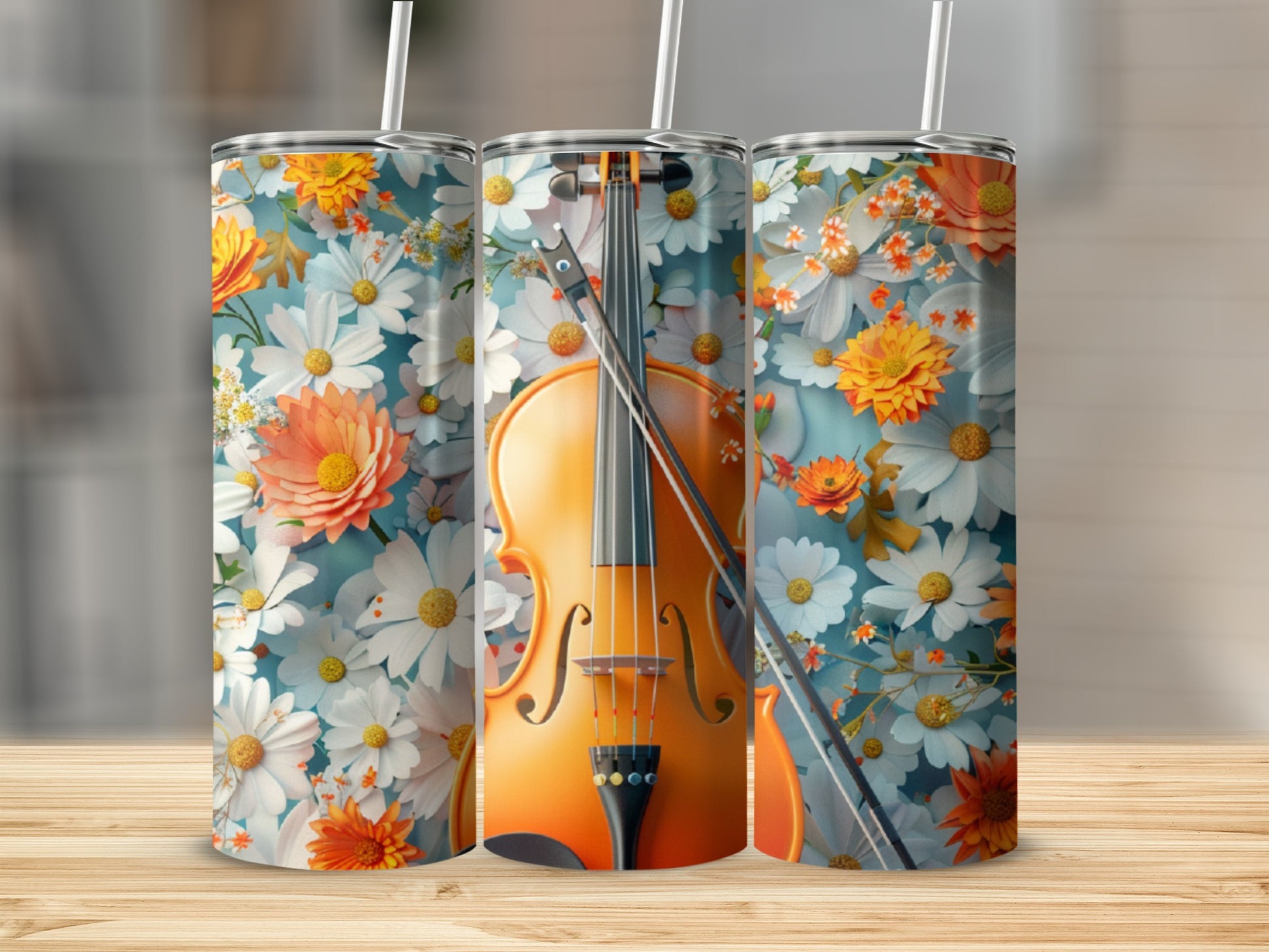 Violin with floral pattern, against a blurred background.