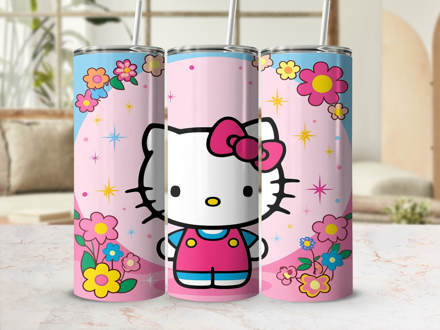 Hello Kitty on pink background with flowers, on a tumbler.