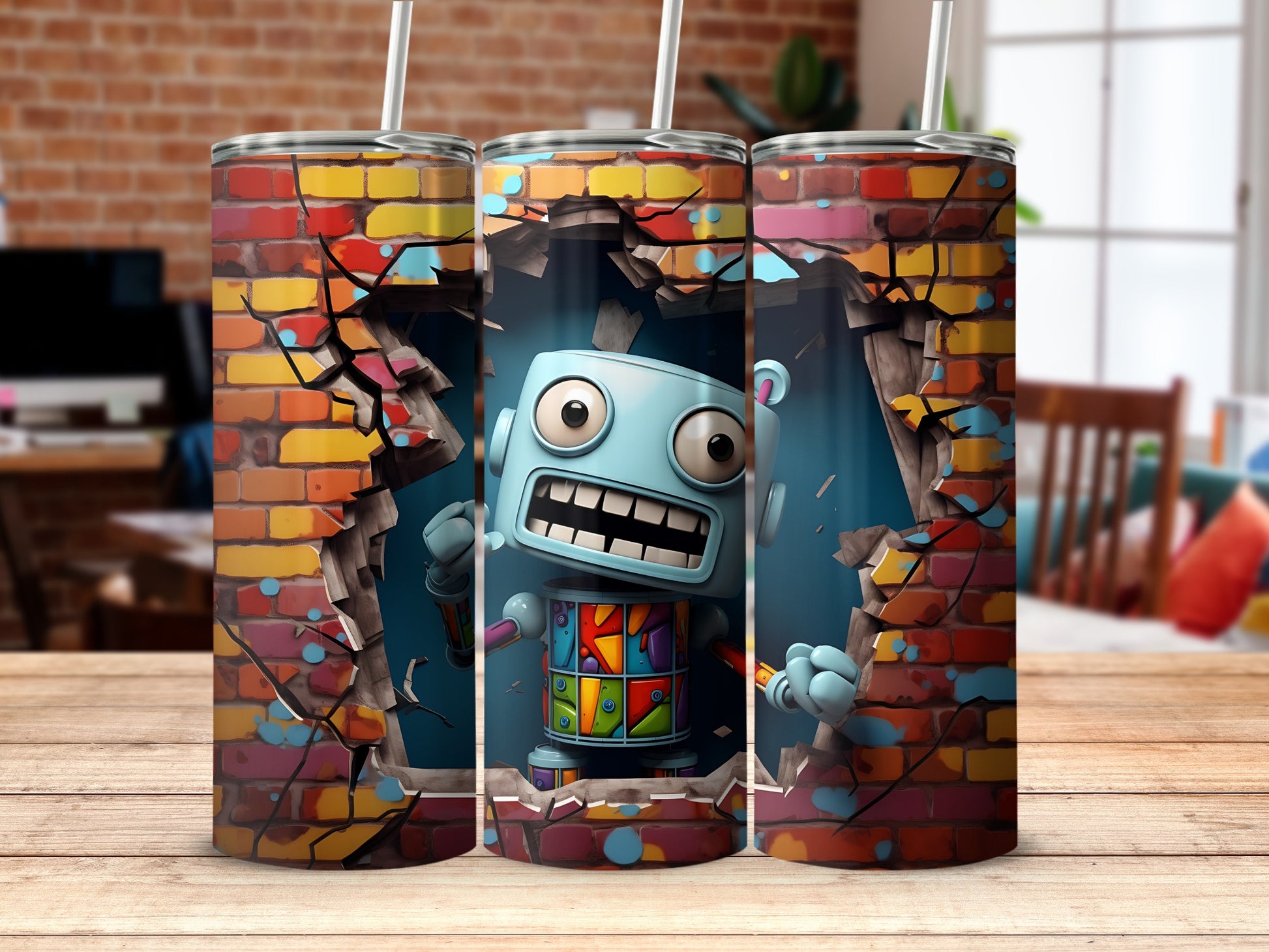 Funny Robot Breaking Through Wall Tumbler Design