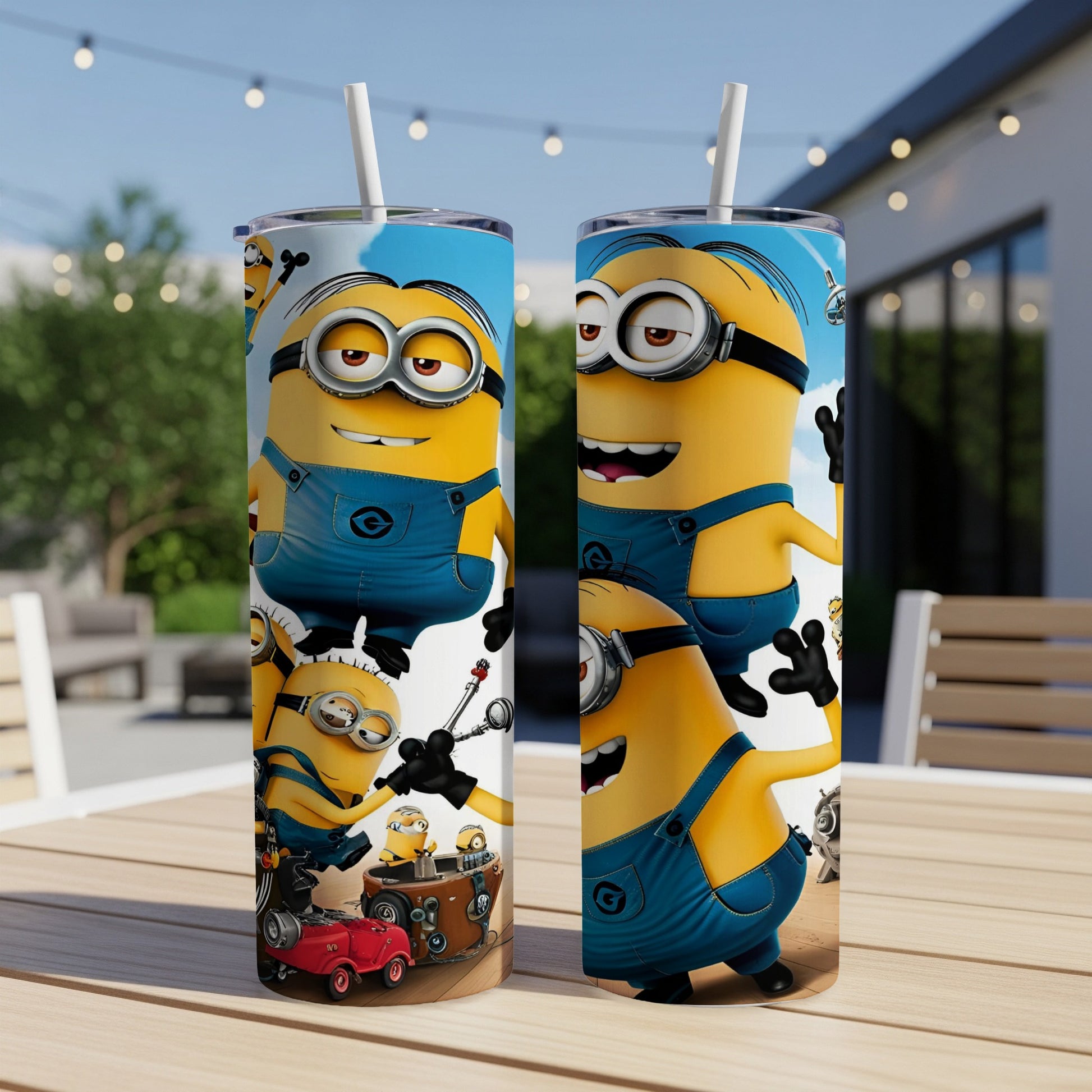 Two Minions tumblers with a whimsical background featuring various Minions characters.