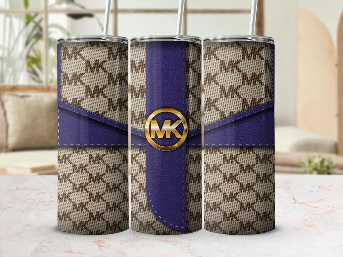 Elegant Custom MK Patterned Tumbler With Purple Accent