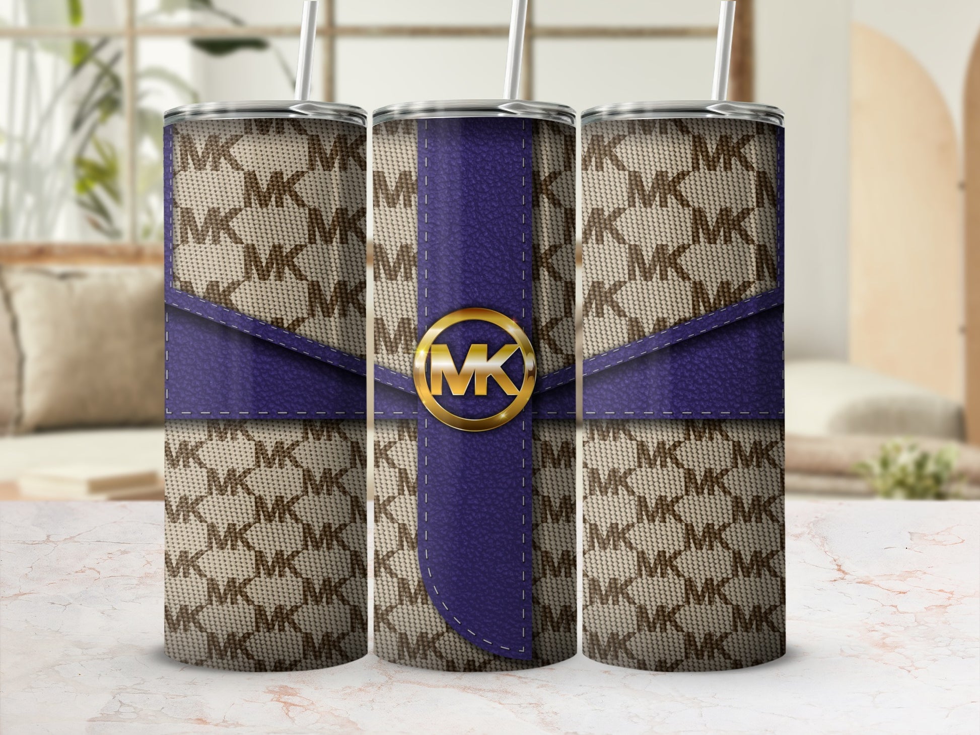 Elegant Custom MK Patterned Tumbler With Purple Accent
