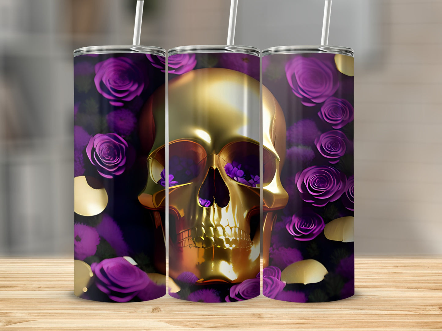 Gold skull tumbler surrounded by purple roses and gold confetti.