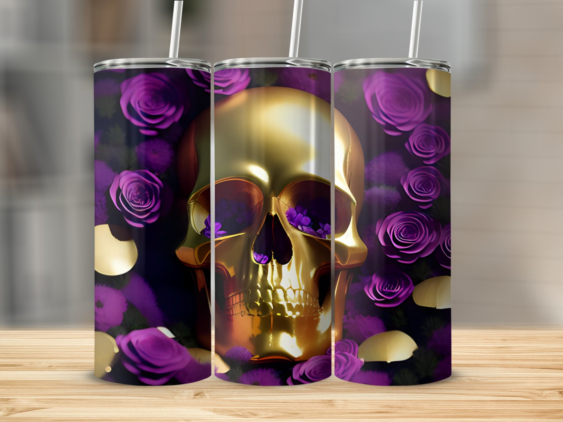 Gold skull tumbler surrounded by purple roses and gold confetti.