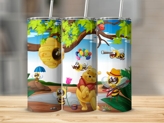 Adorable Cartoon Bear and Bees Scene Tumbler