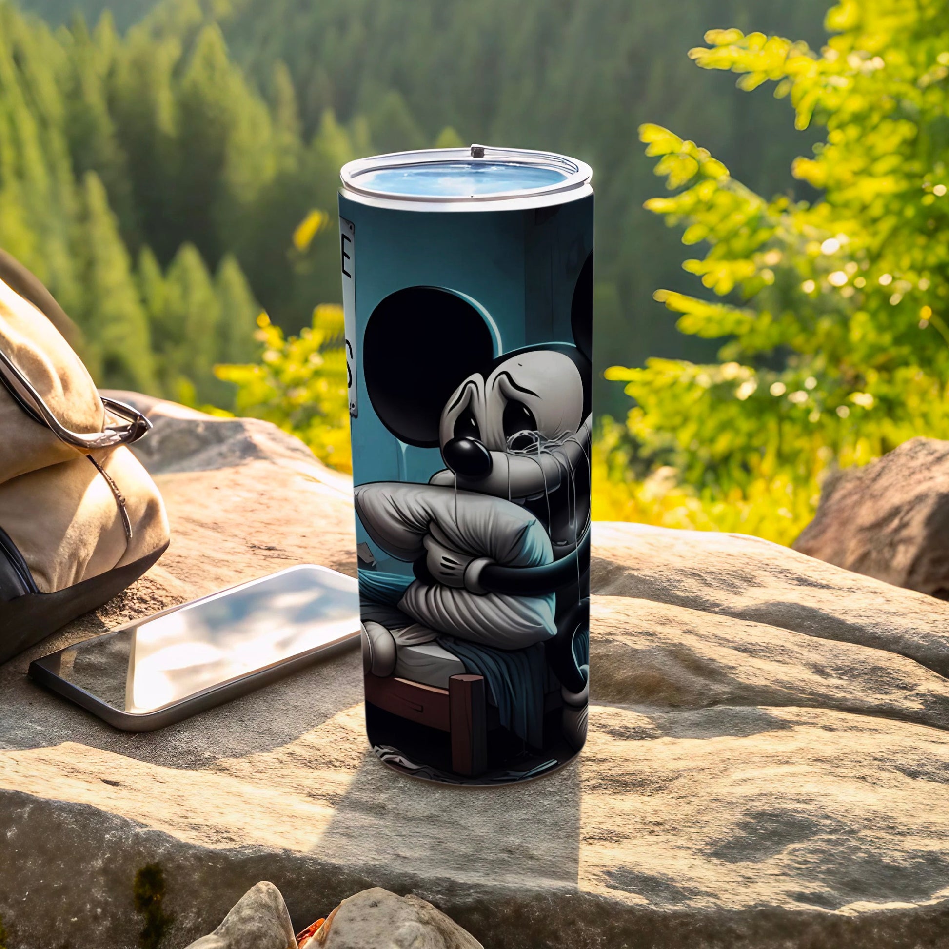 Unique Travel Tumbler with Sad Cartoon Character Design