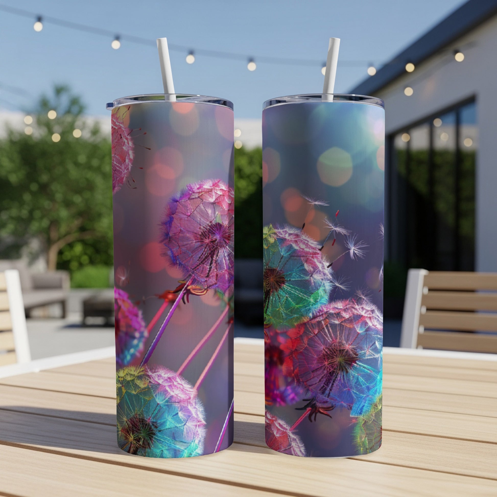 Two tumblers with dandelion seeds and bokeh on a table outdoors.