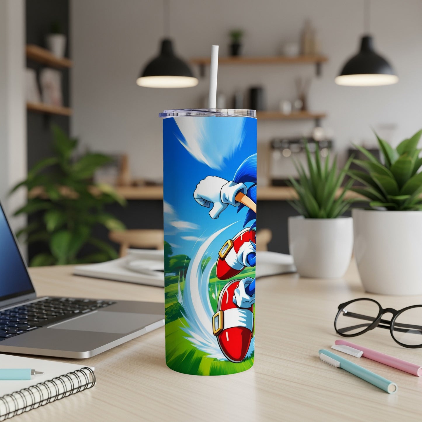 Sonic the Hedgehog running on a blue and green background.