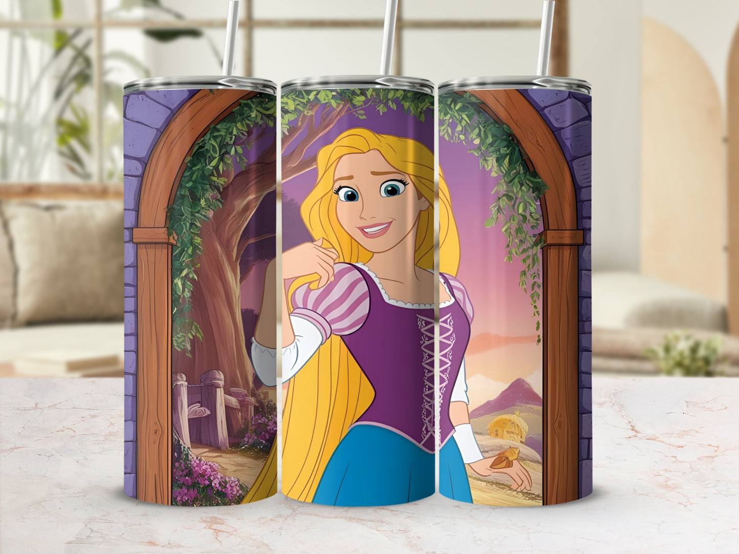 Tangled Rapunzel illustration on a purple tumbler with two straws.