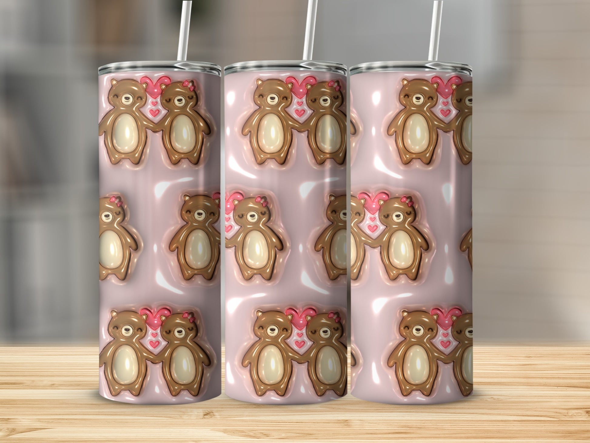 Adorable Teddy Bears on Pink Background Tumbler