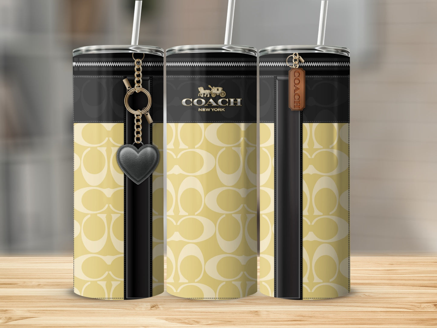Designer Inspired Black and Yellow Tumbler with Keychain