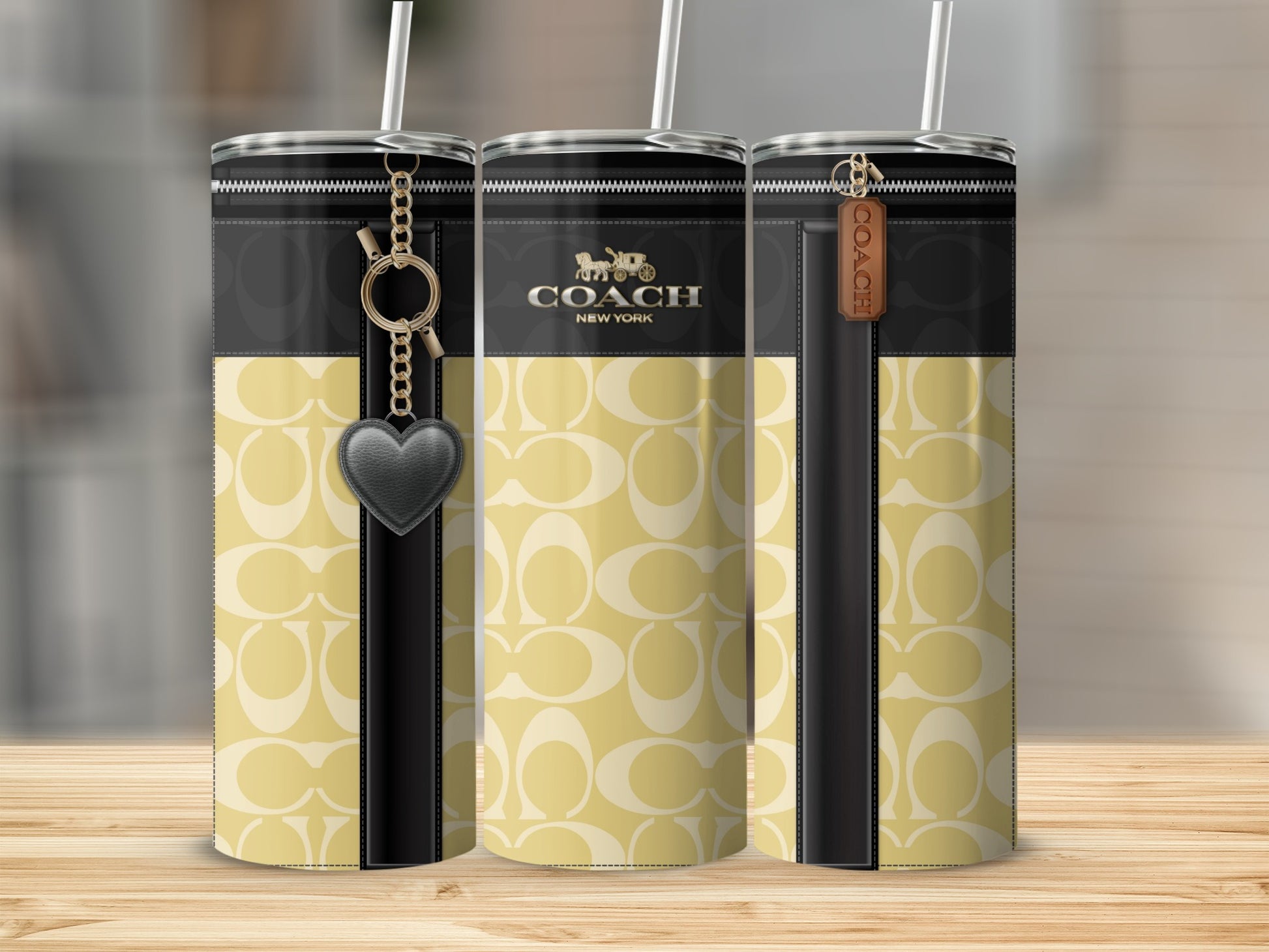 Designer Inspired Black and Yellow Tumbler with Keychain