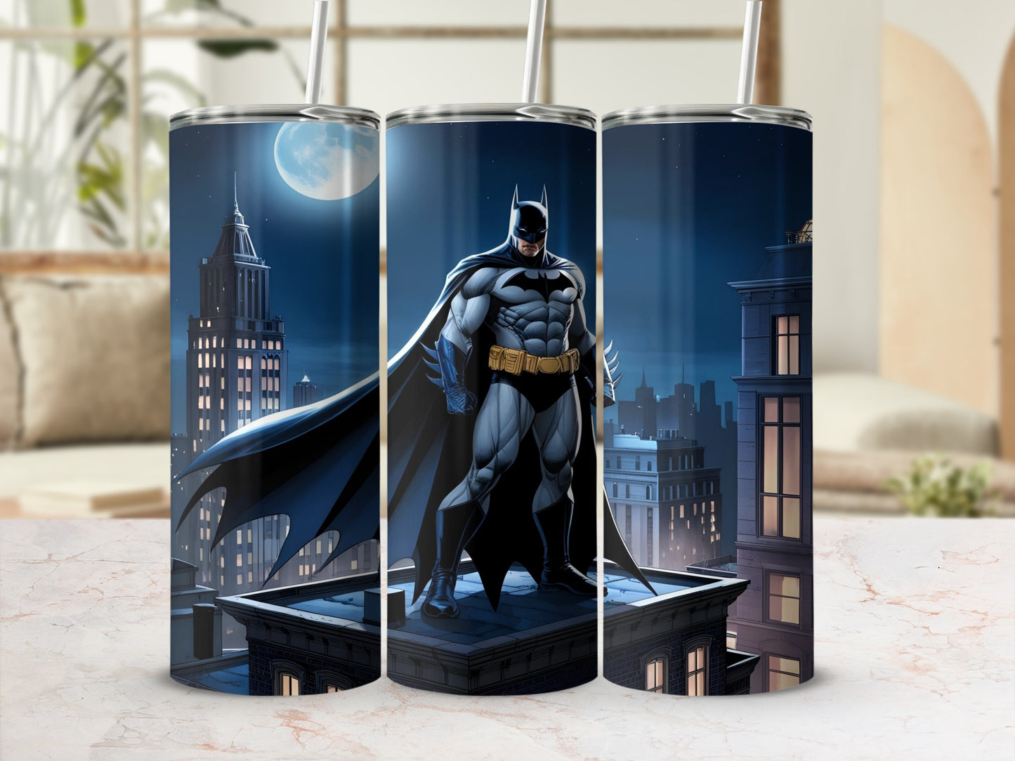Batman standing on a rooftop at night with a full moon and city skyline.