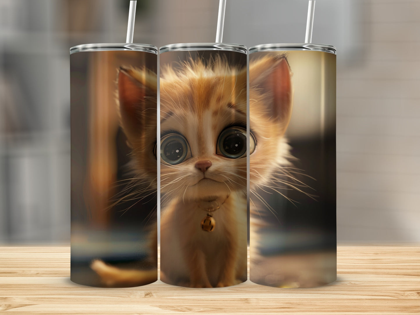 Three tumblers with a fluffy orange kitten with large, expressive eyes.