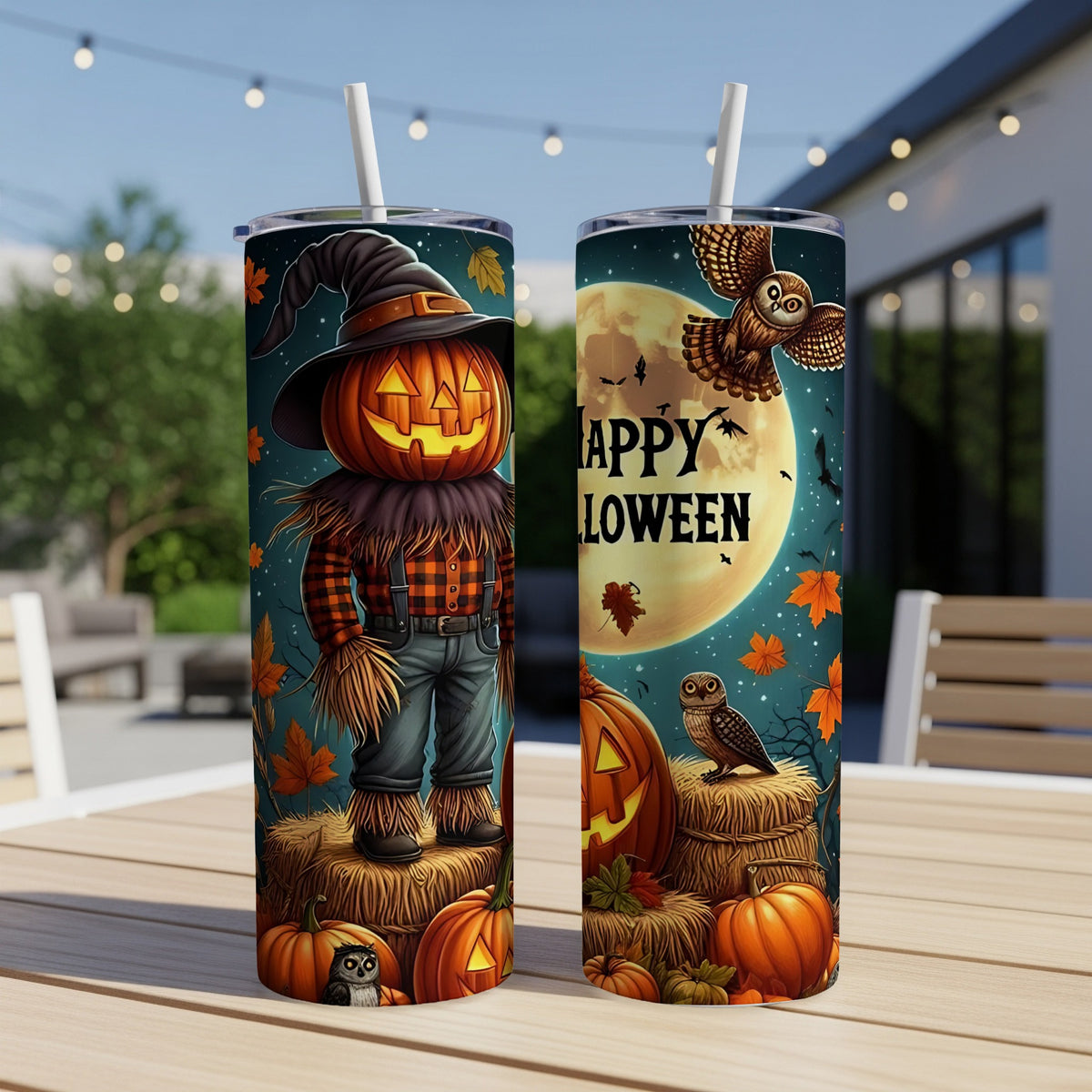 Two tumblers with Halloween designs featuring a scarecrow, pumpkins, owls, and the text "Happy Halloween."