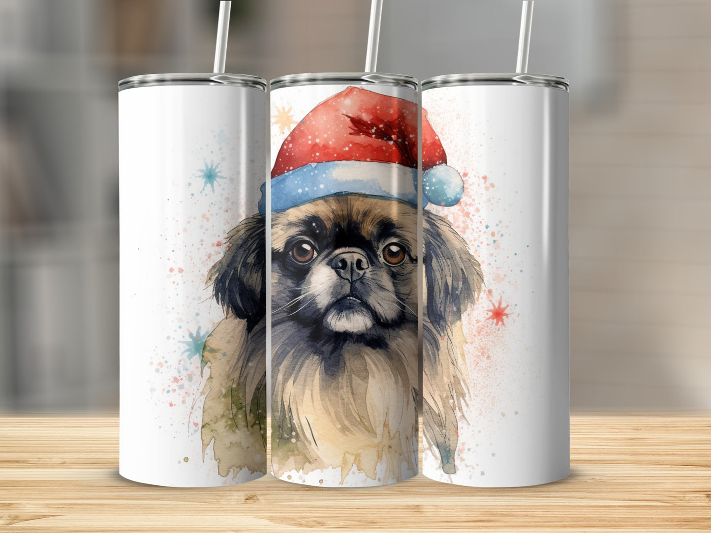 Watercolor pekingese dog wearing a Santa hat on a white tumbler.