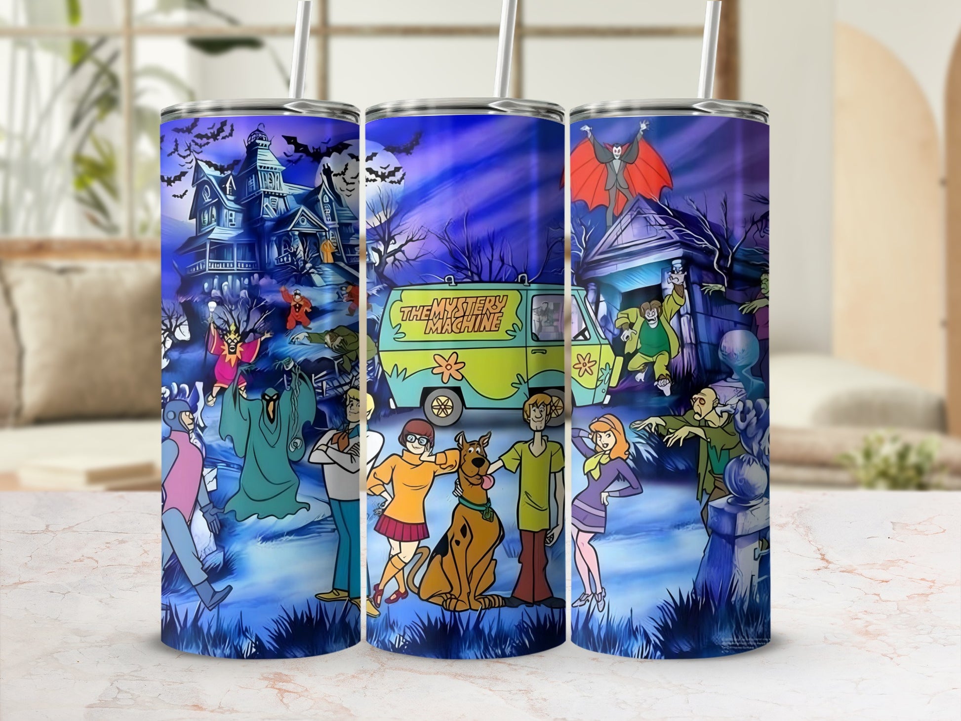 Scooby-Doo Mystery Machine van and characters in a spooky graveyard scene.