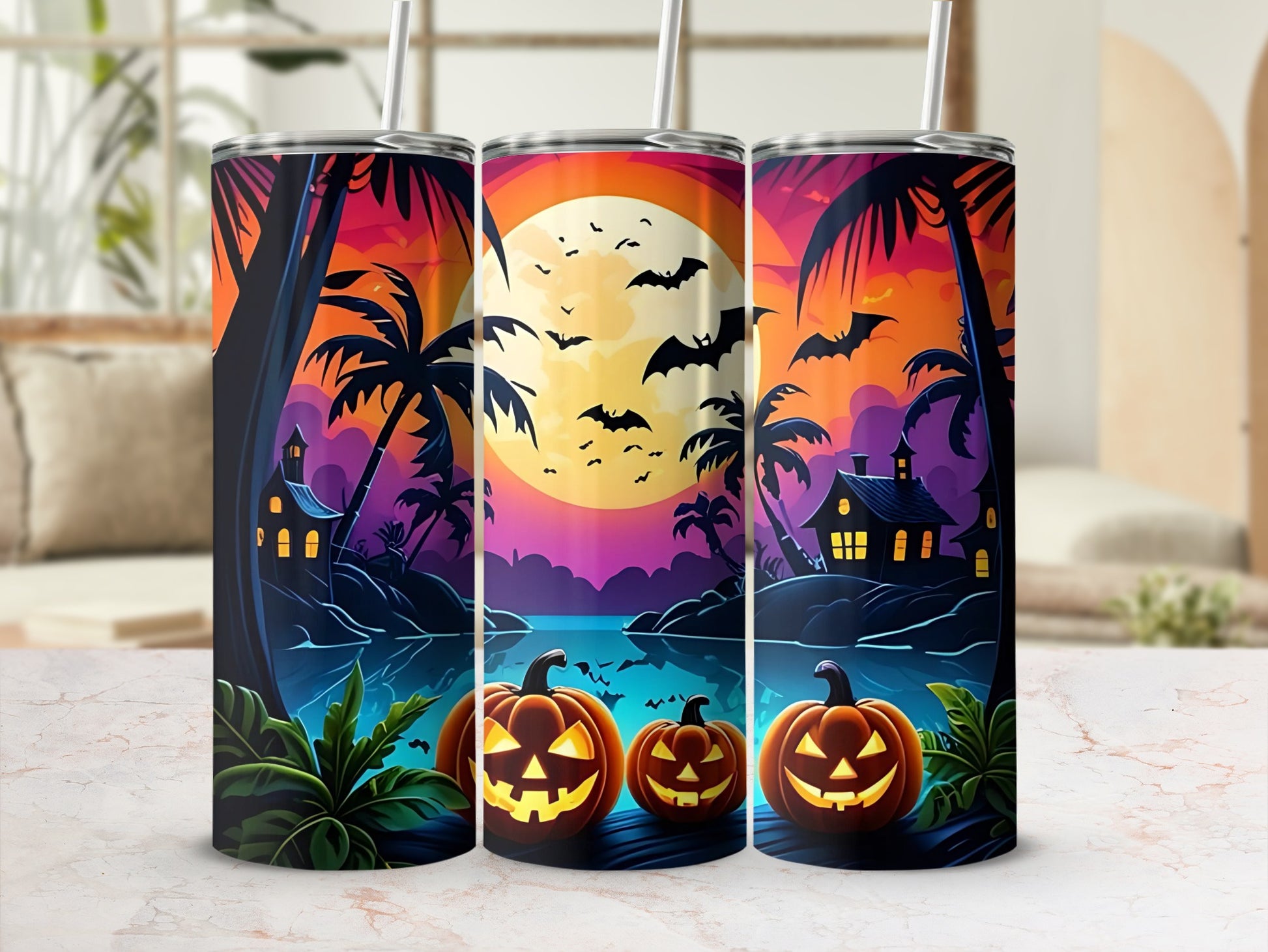 Halloween Spooky House and Pumpkins Tumbler Cup