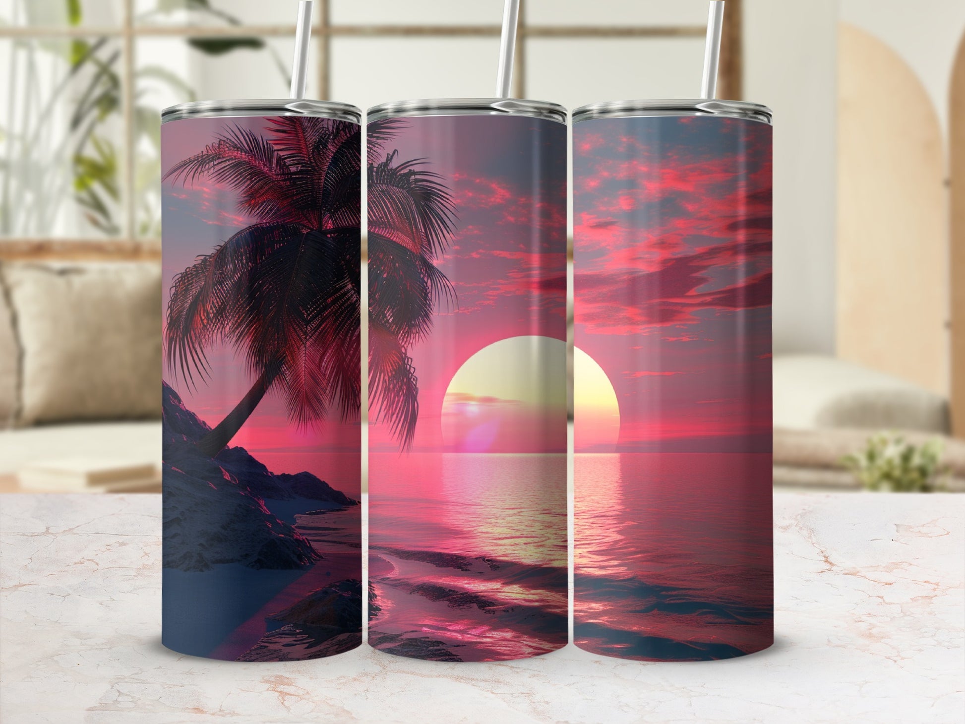 Three tumblers with a tropical sunset beach scene and palm tree.