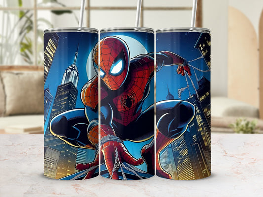 Vibrant Spider-Man Tumbler with Night City Background