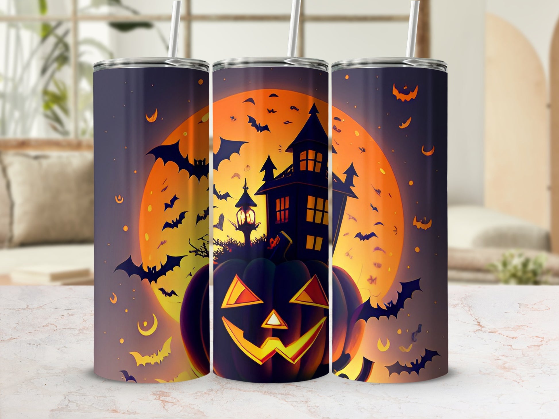 Spooky Halloween Haunted House and Pumpkins tumbler