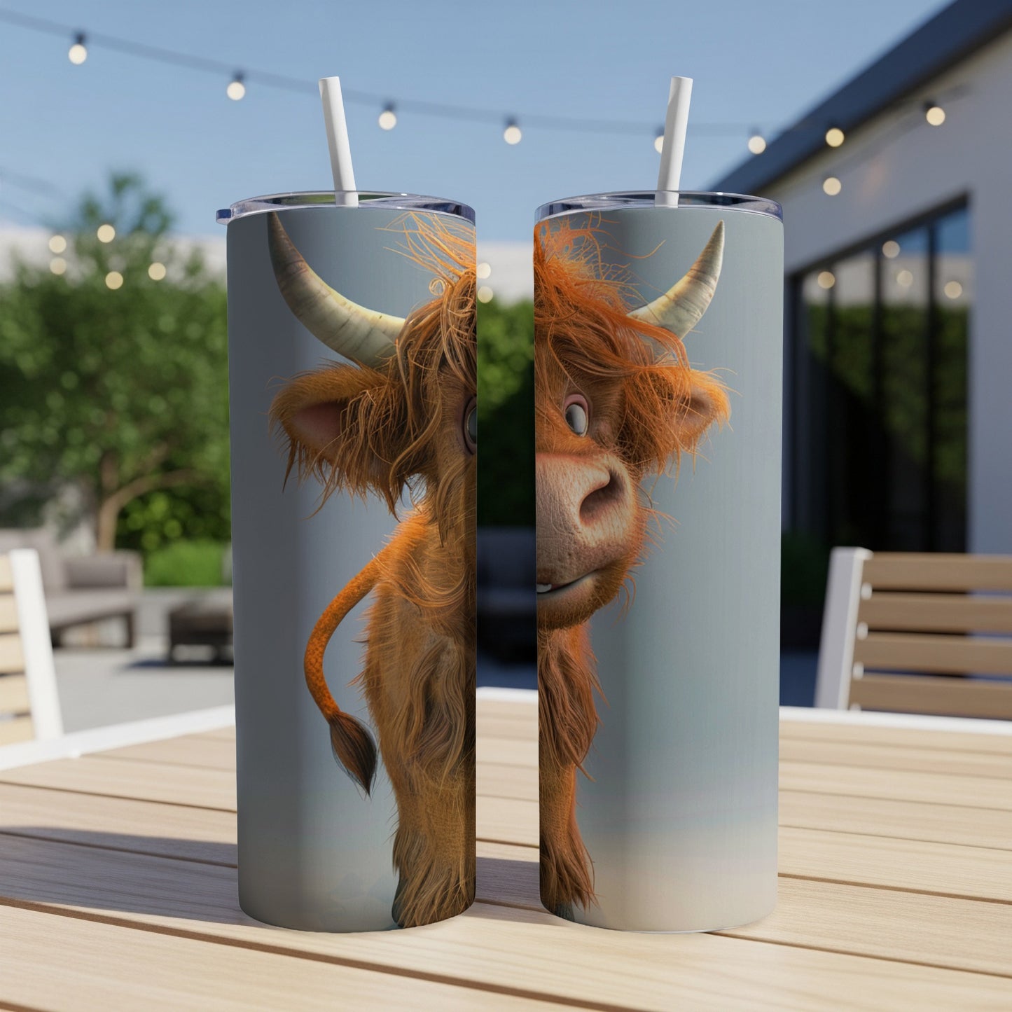 Highland cow illustration on a tumbler with a straw.