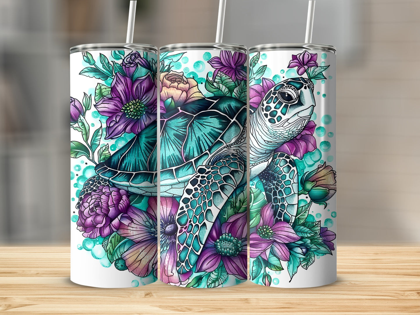 Turquoise sea turtle surrounded by vibrant purple and teal flowers.
