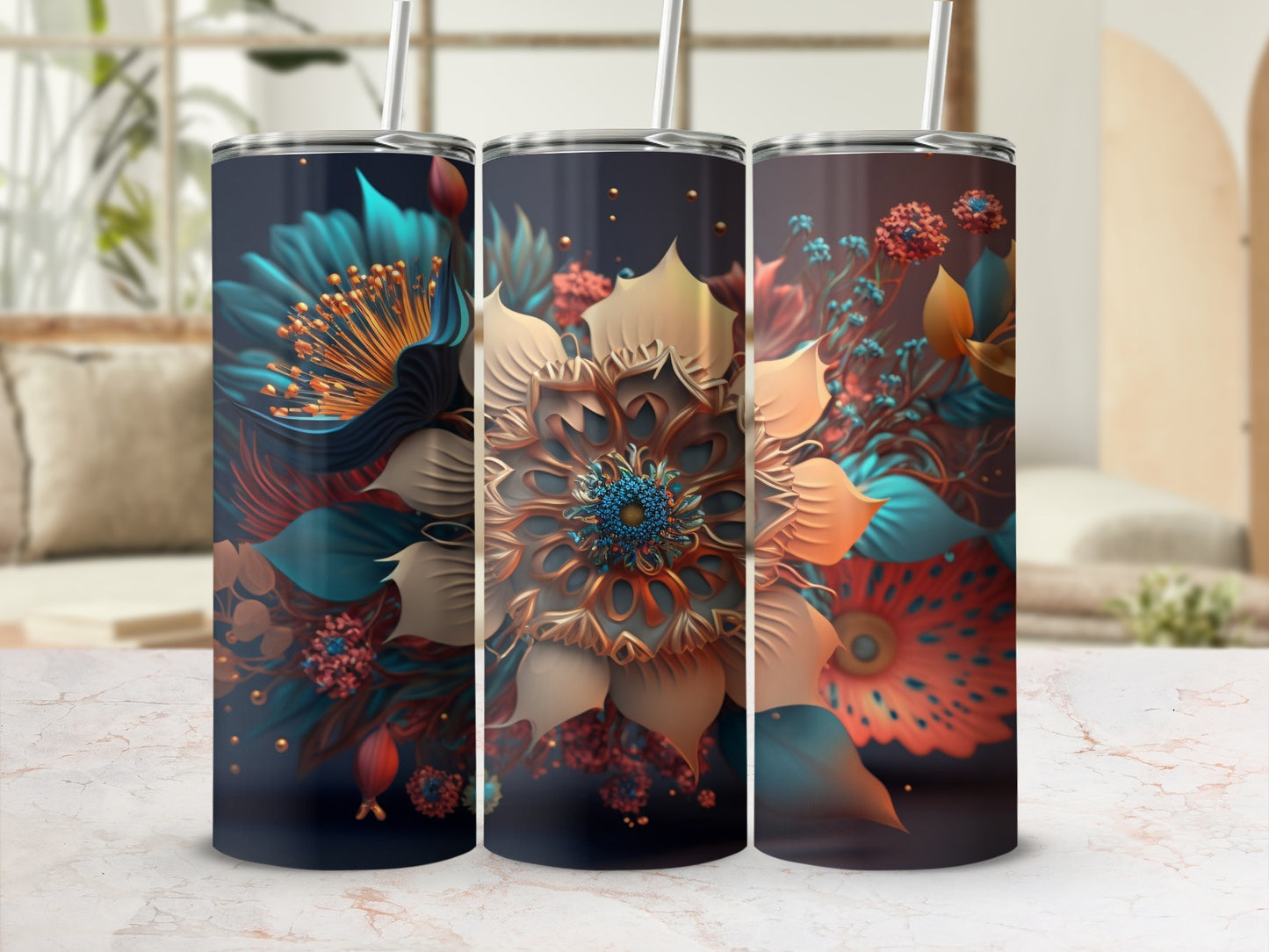 Floral Botanical Tumbler with Straw for Hot or Cold Drinks