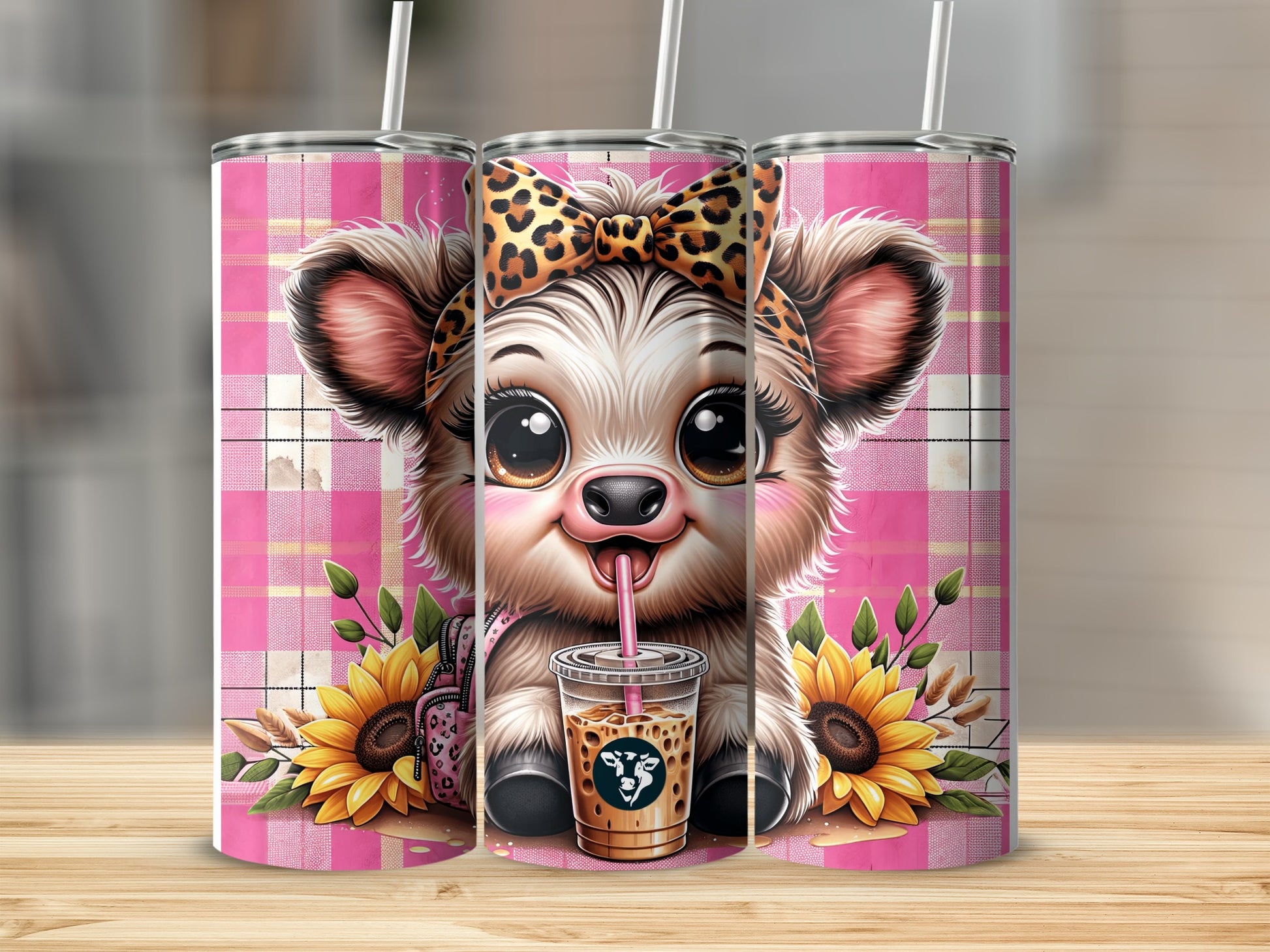 Cute cow with sunflowers and coffee cup on pink plaid tumbler.