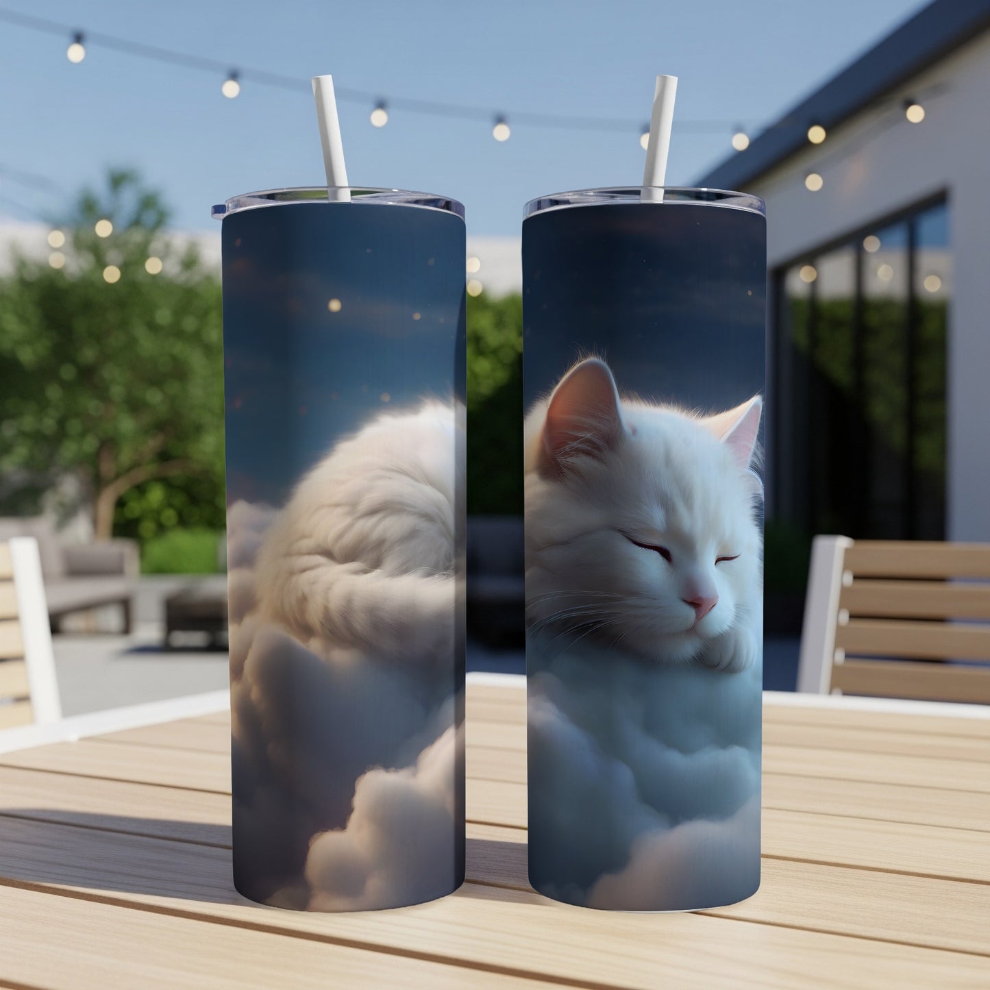 White cat sleeping peacefully on clouds, cosmic background.