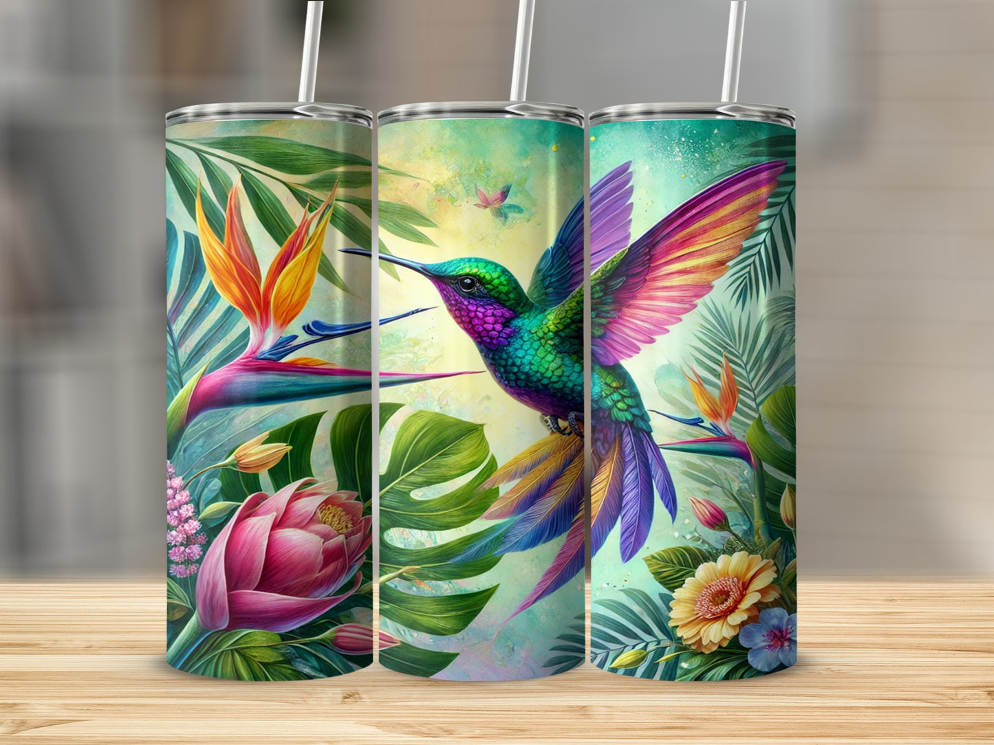 Colorful Hummingbird Floral Design Tumbler Cup