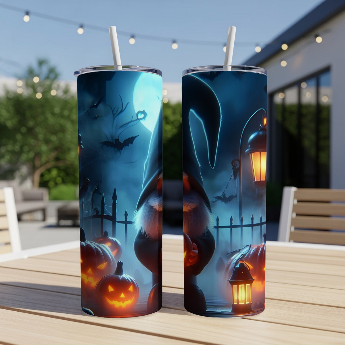 Halloween gnome tumbler with pumpkins, bats, and a full moon.