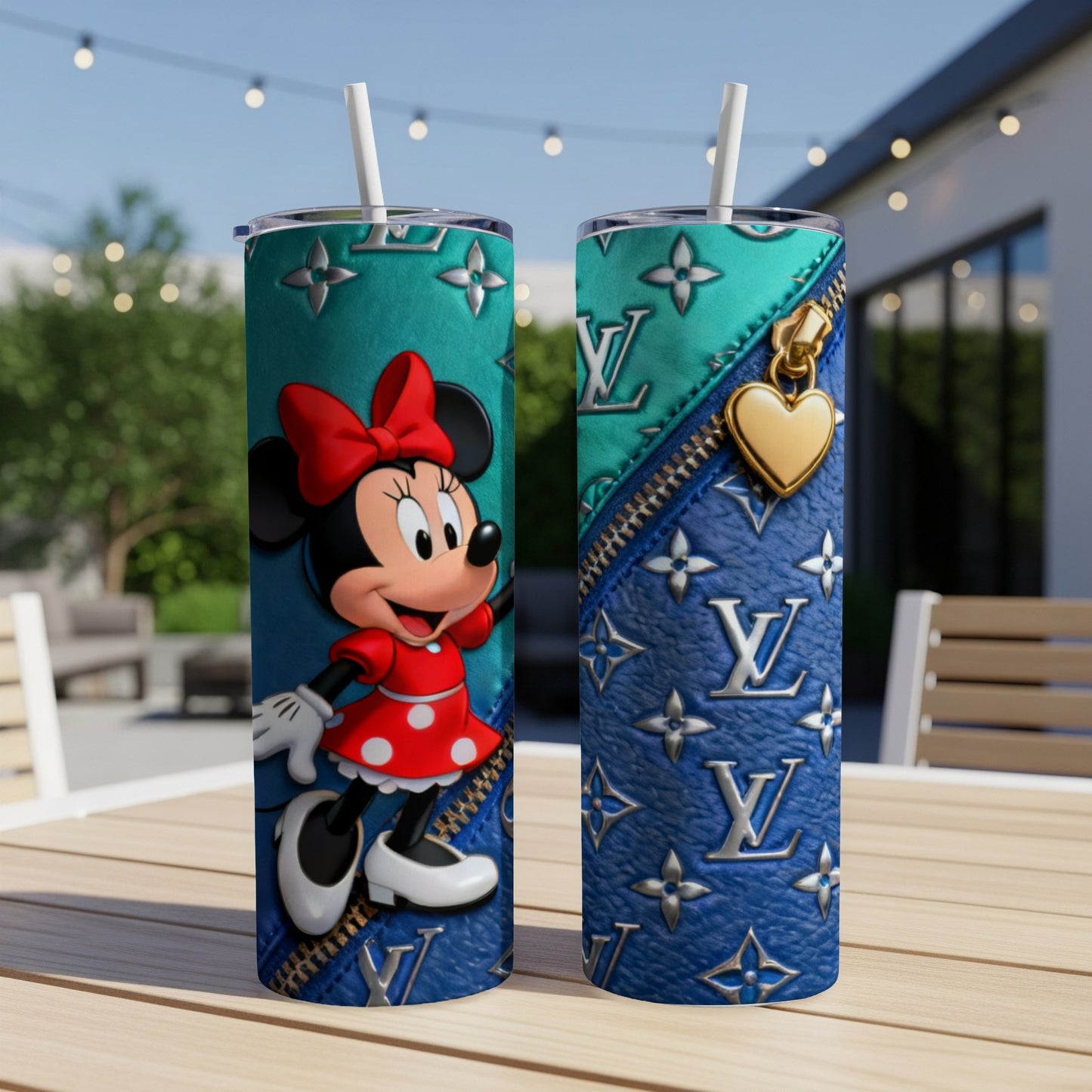 Minnie Mouse on blue faux leather tumbler with gold zipper detail.