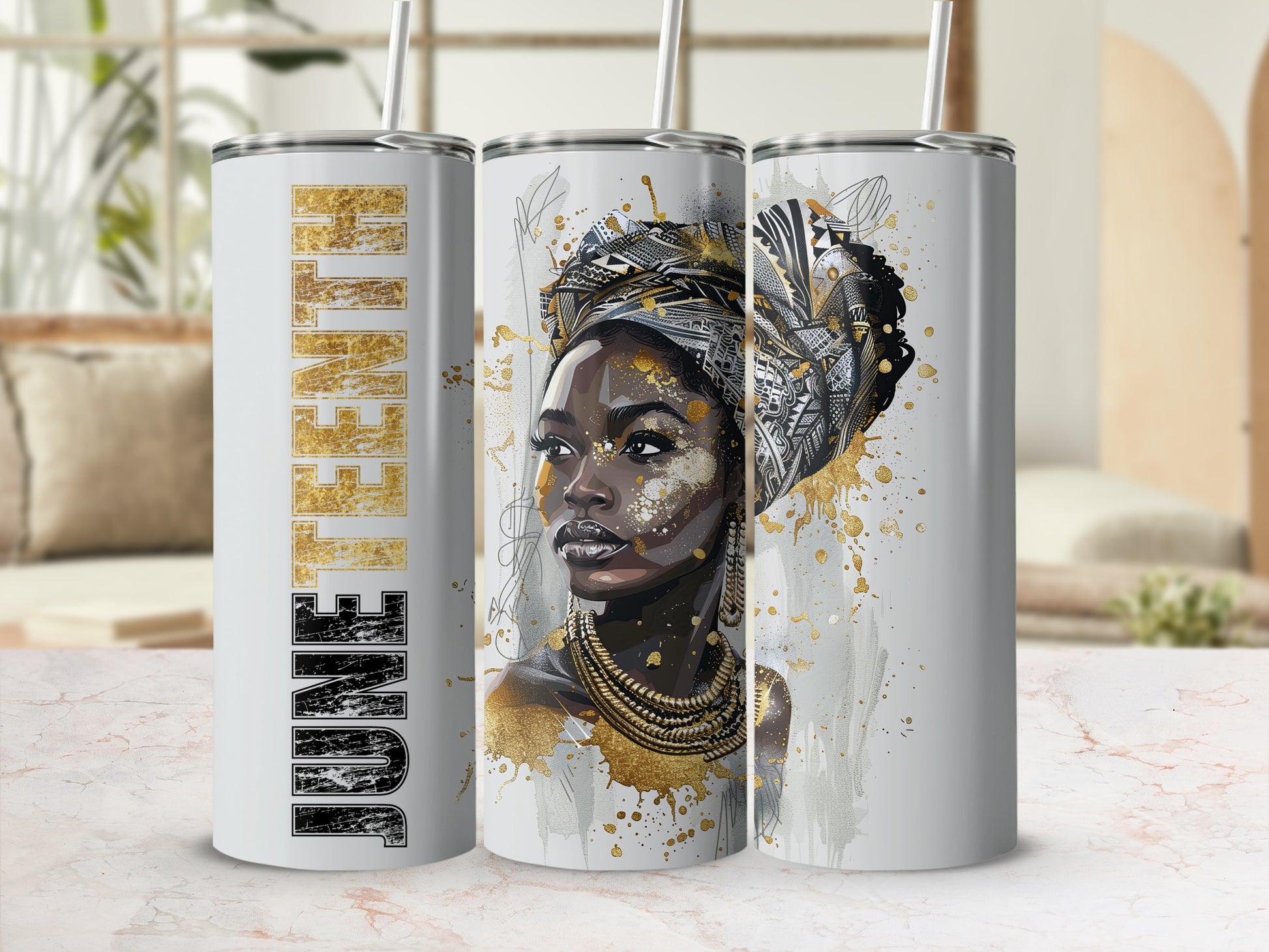 Tumbler with "June" text and a portrait of a woman wearing a headwrap.