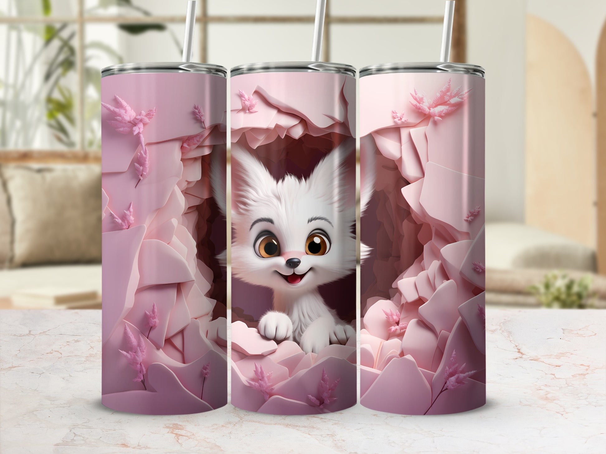 Cute White Fox Peeking Through Pink Cave Tumbler Design