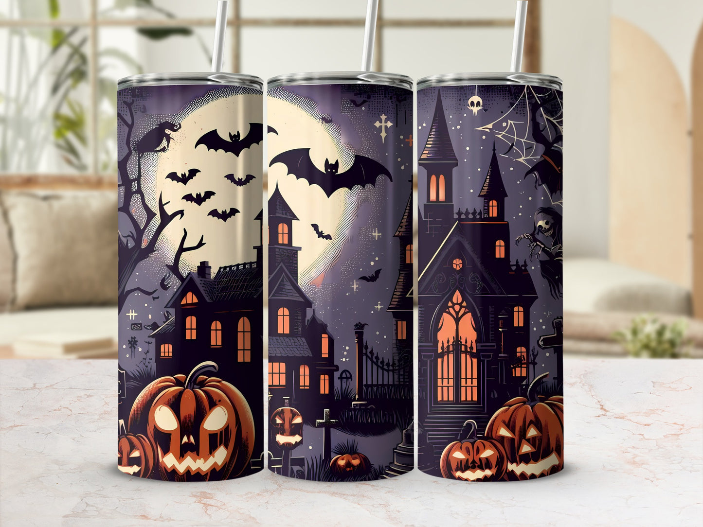 Spooky Haunted House Halloween Tumbler with Bats