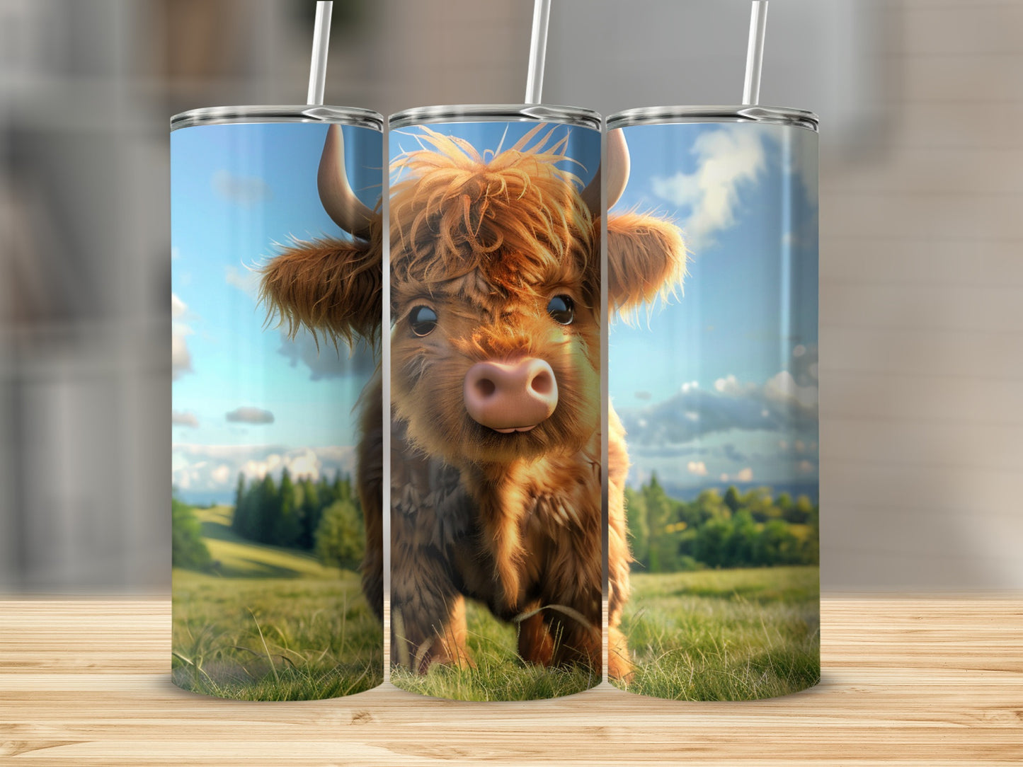 Highland cow on a grassy hill with a blue sky.