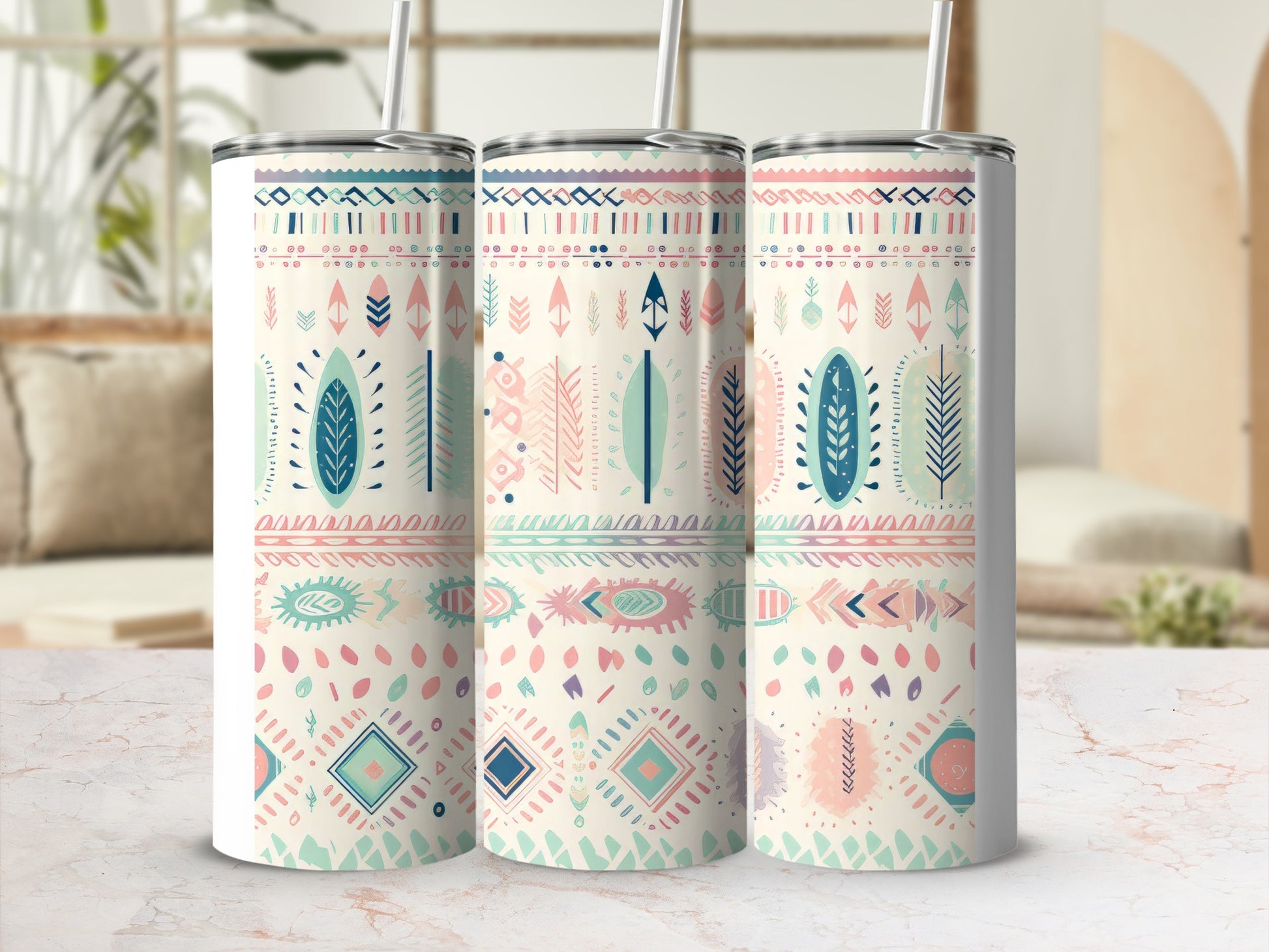 Colorful Tribal Pattern Tall Metal Tumbler Cup with Straw