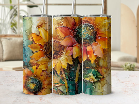 Three tumblers with a vibrant, painterly sunflower design.