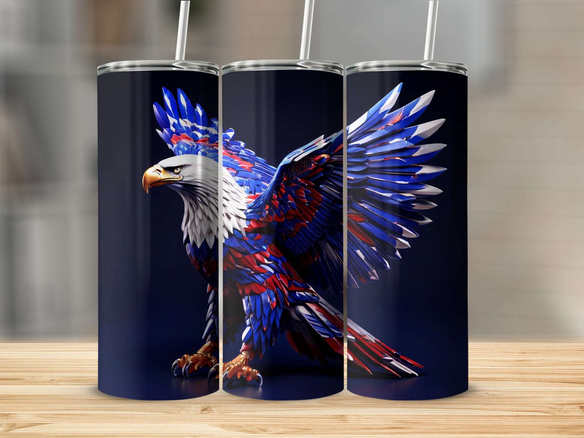 Three tumblers featuring a patriotic eagle design with red, white, and blue feathers.