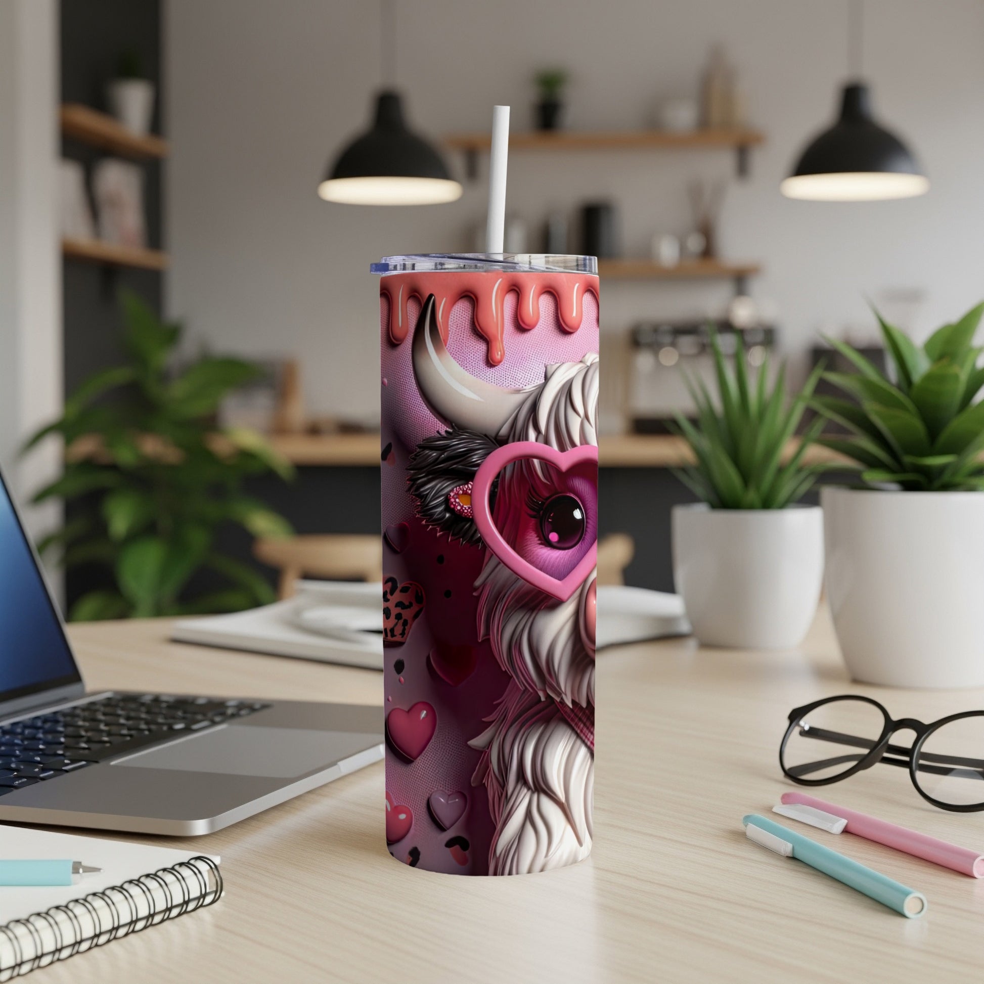 Pink cow tumbler with hearts and pink sunglasses.