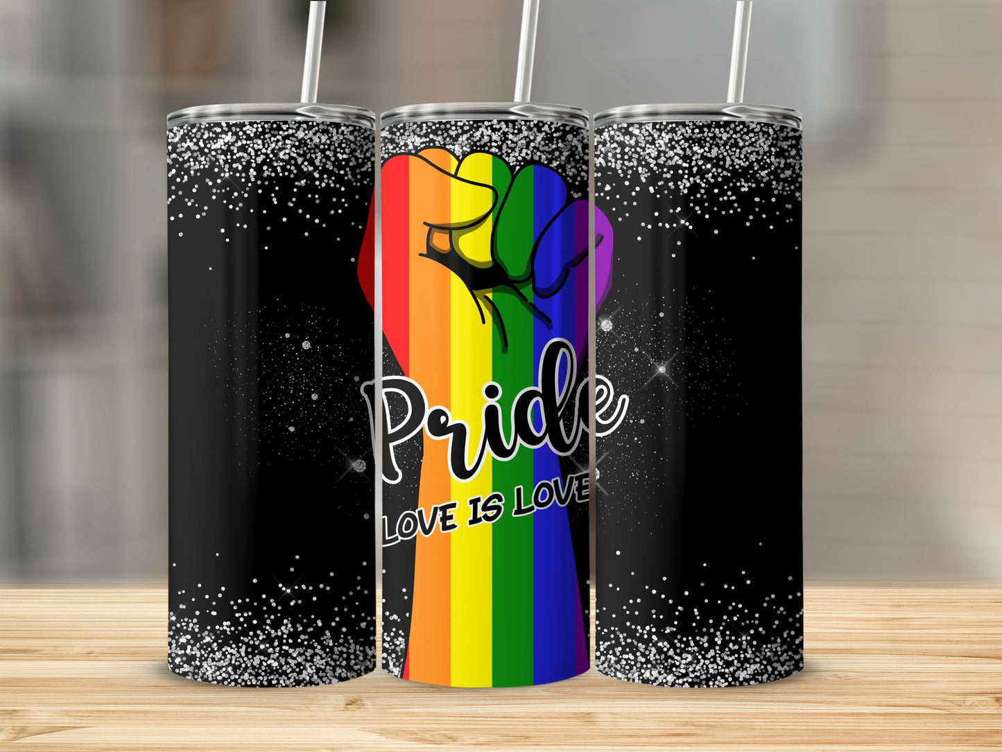 Rainbow fist with "Pride Love is Love" text on black glitter tumbler.