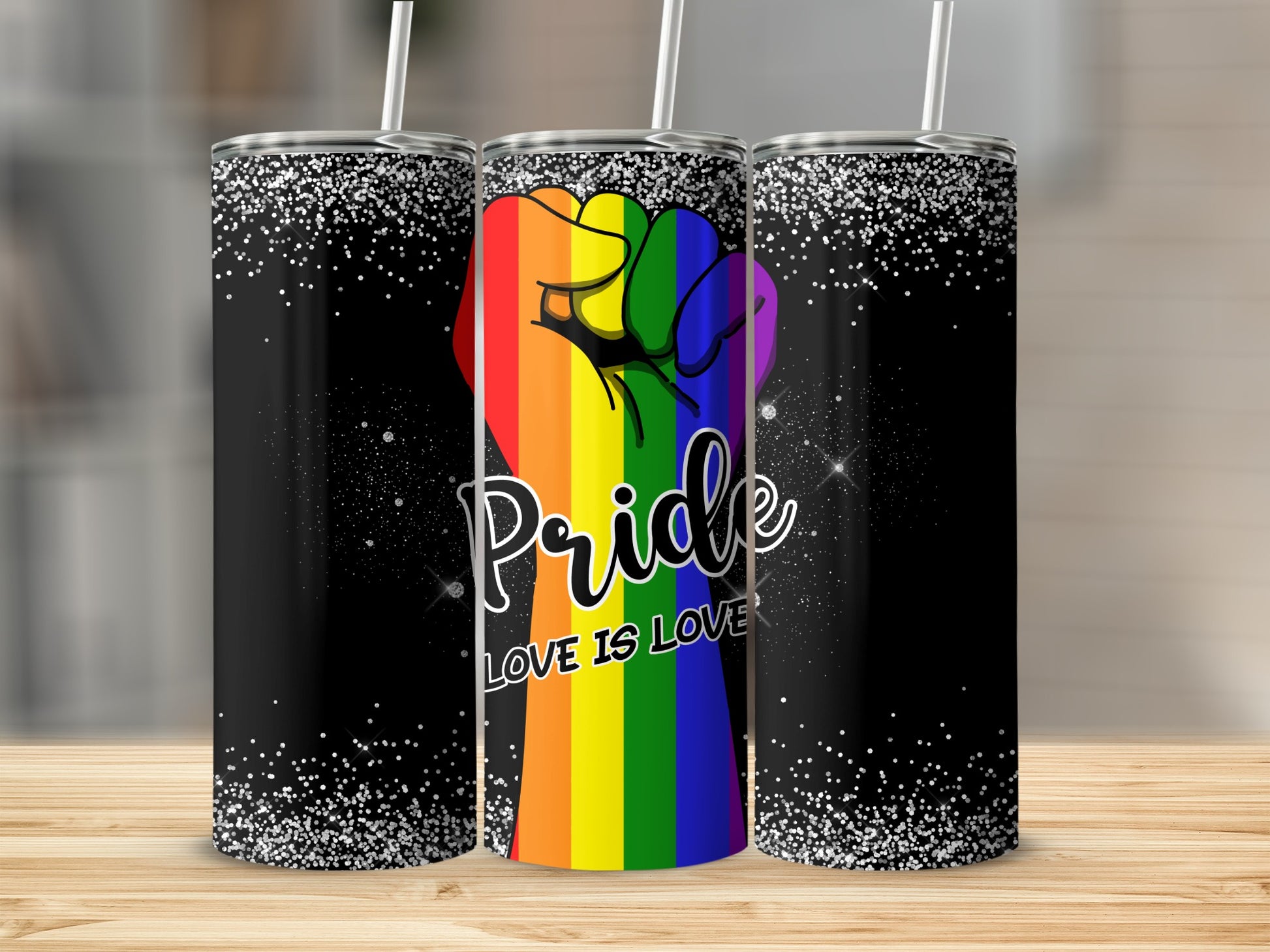 Rainbow fist with "Pride Love is Love" text on black glitter tumbler.