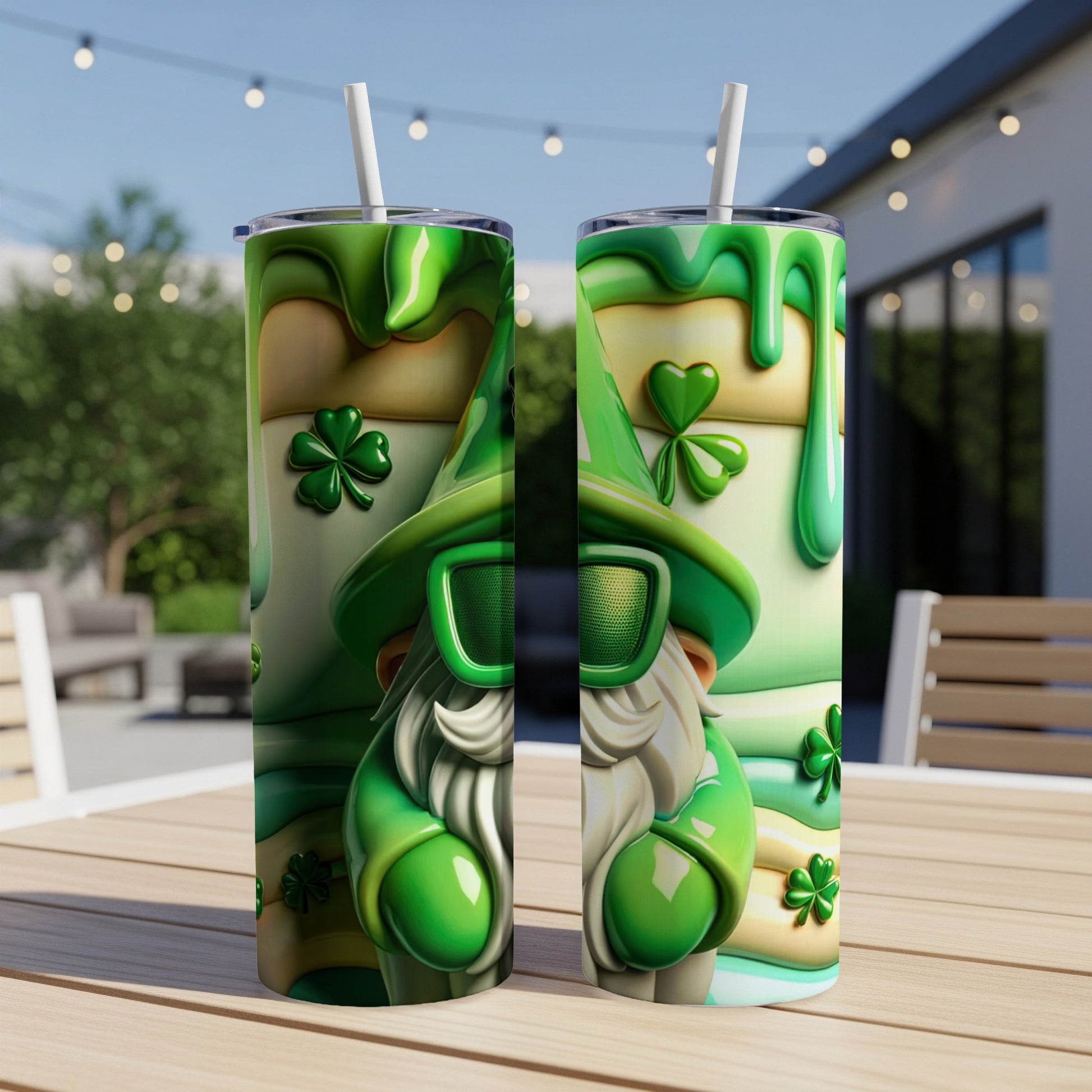 Green gnome with shamrocks and sunglasses on a tumbler.