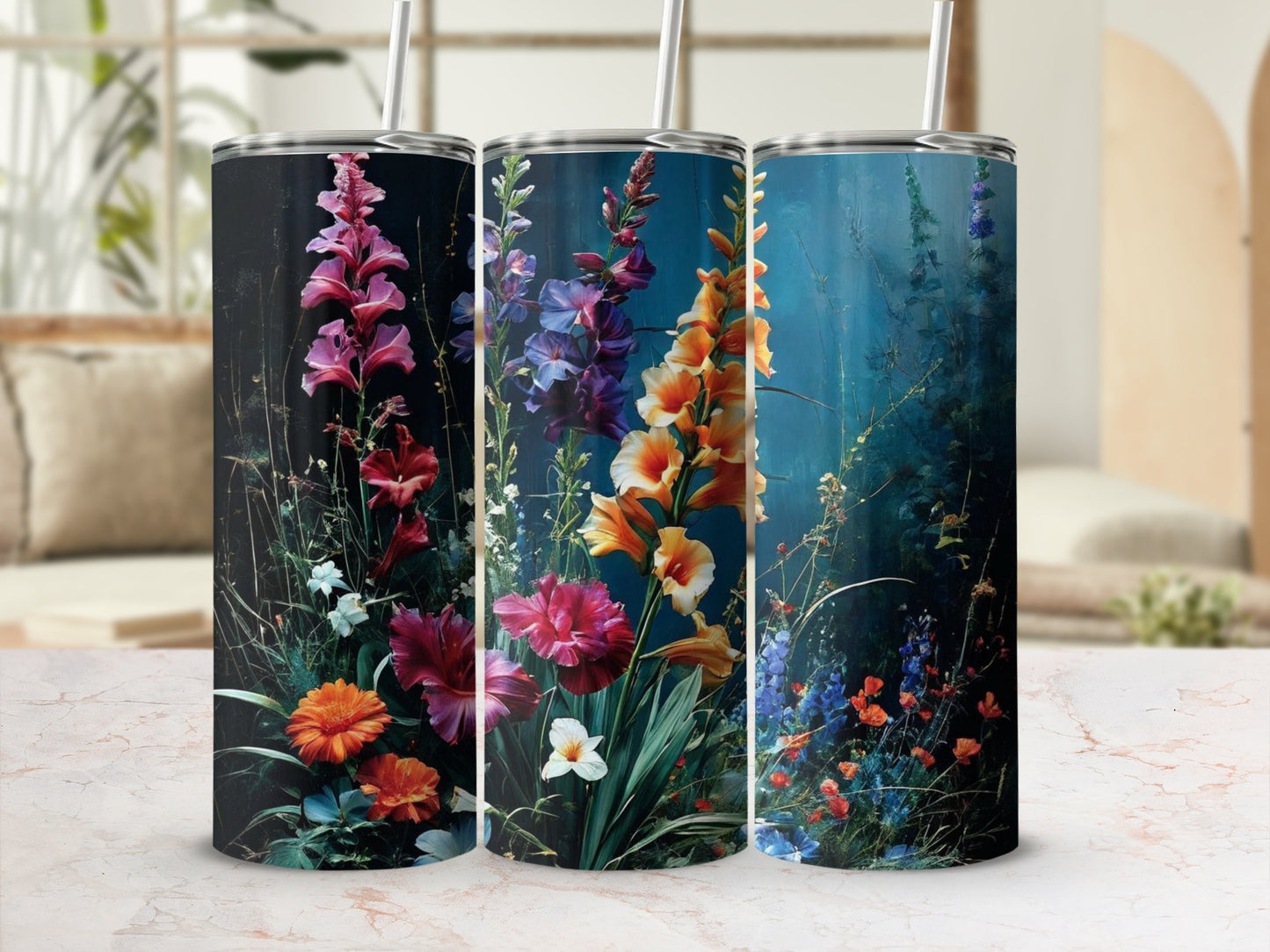 Three tumblers with vibrant floral designs, featuring gladiolus and other colorful blooms.