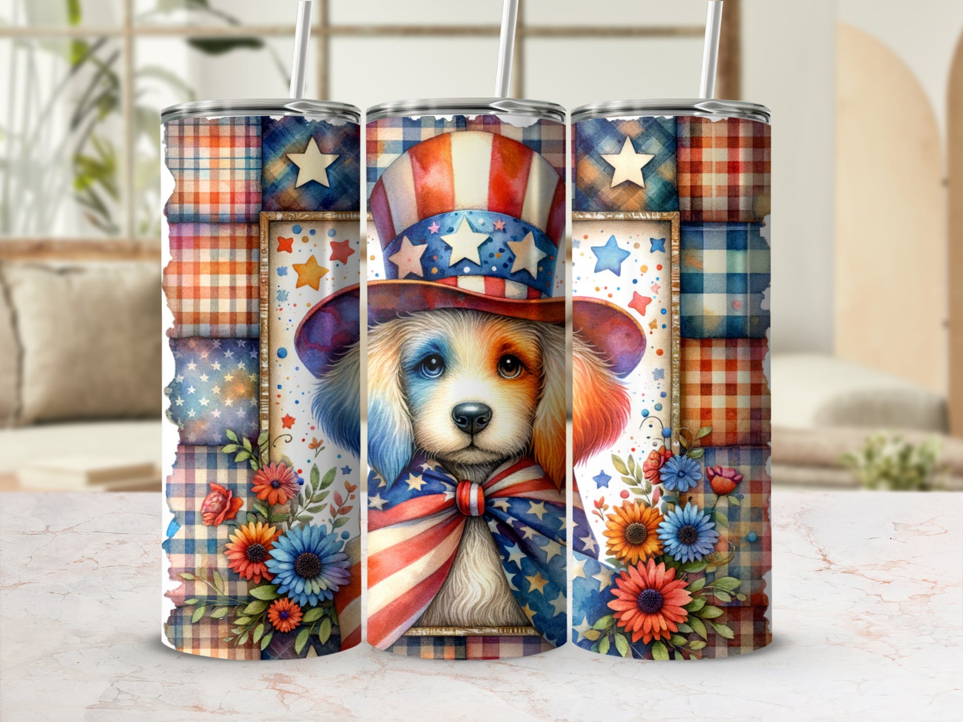 Dog in patriotic hat and bowtie, surrounded by flowers and plaid.
