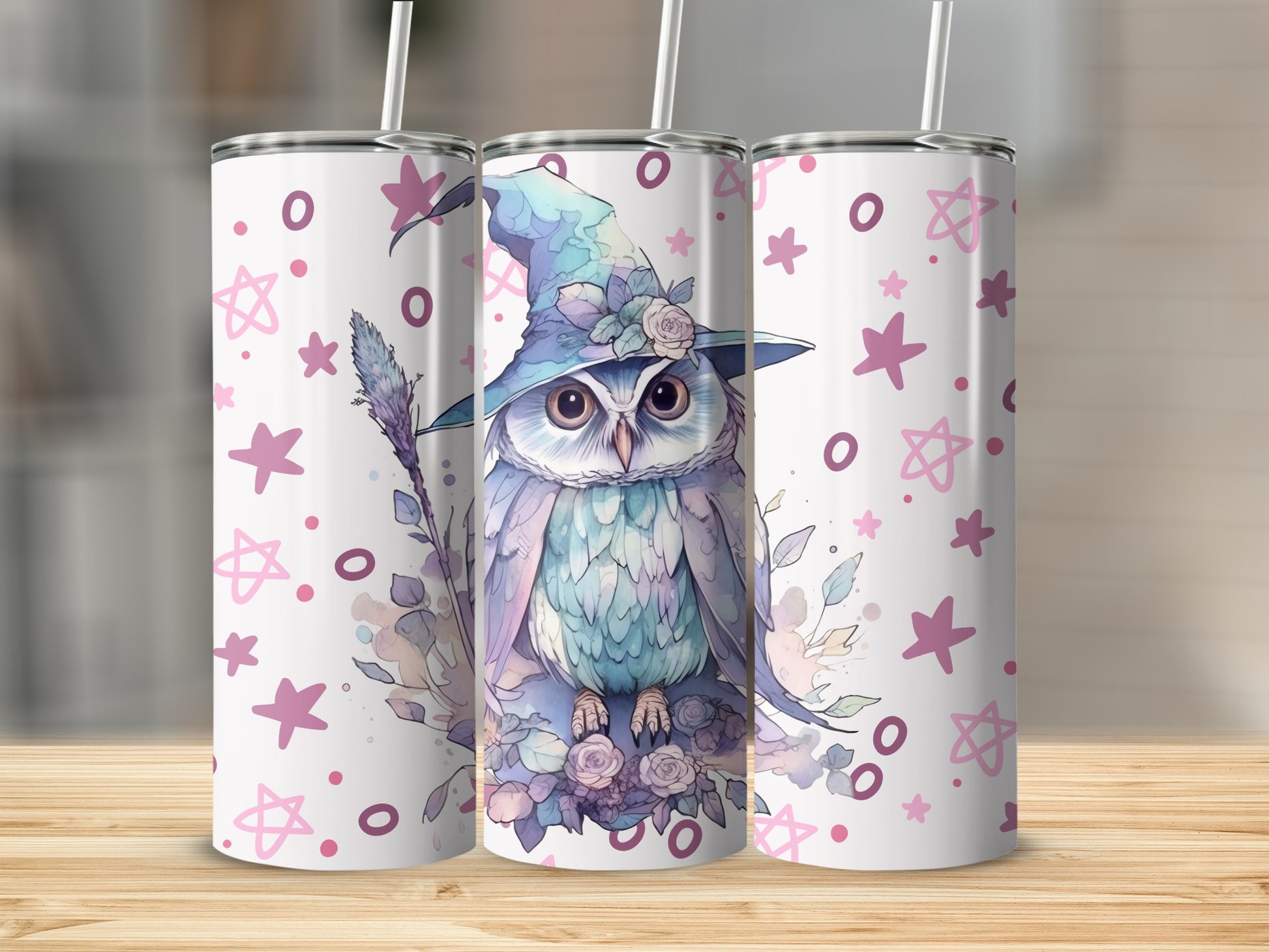 Cute Owl Witch Hat Star Pattern Tumbler with Straw
